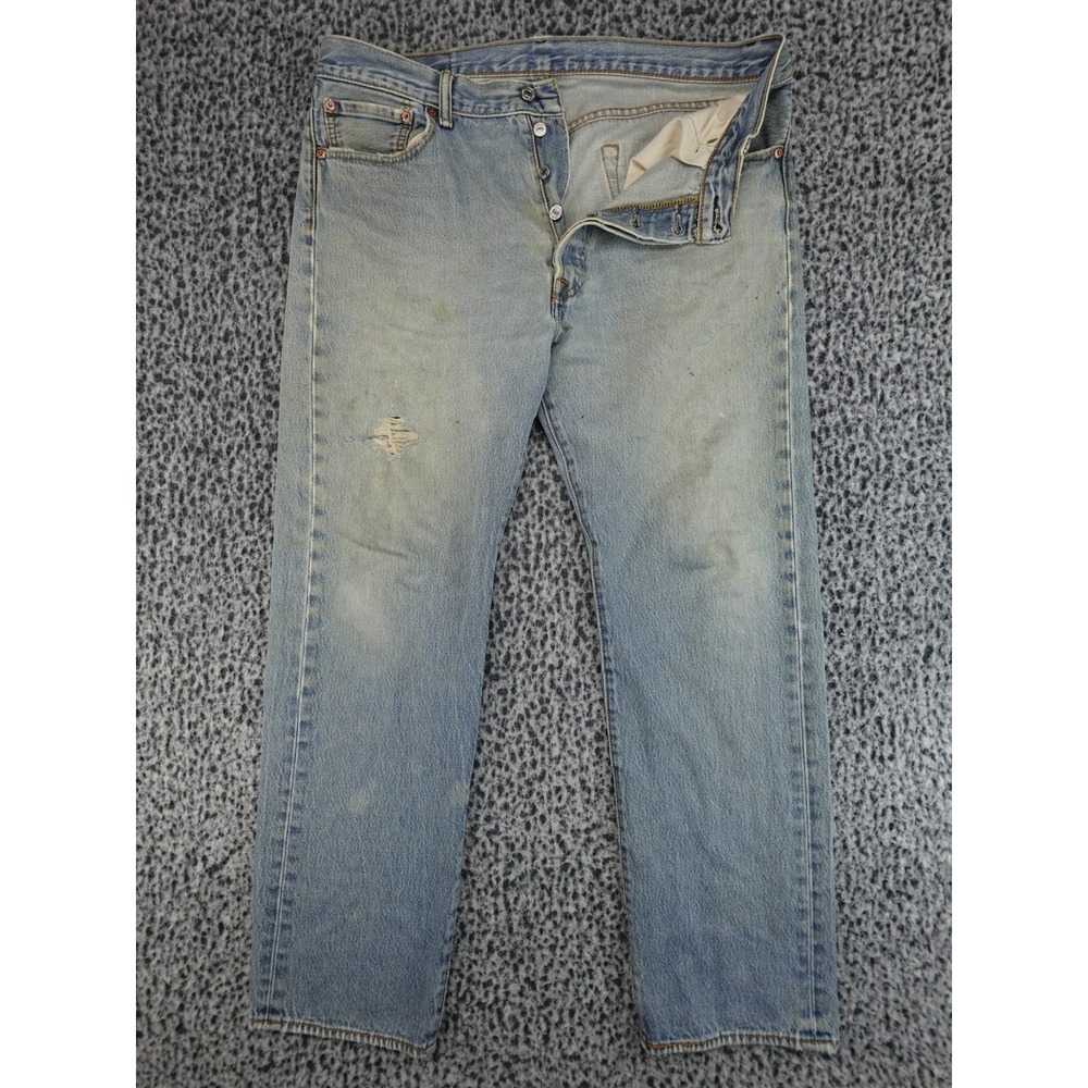 Levi's 501 Original Fit Mens W36 L33 Light Blue Distressed Button‎ Fly Jeans